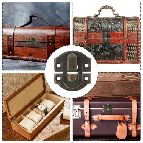 Collage of boxes with Retro Antique Bronze Small Box Hinges Kit for wooden, jewelry boxes, includes hinges, latches, screws.
