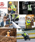 Your Go To Hi Vis Reflective Safety Vest For Men And Women Plus Super Breathable Mesh Work Gear And Bright Yellow High Visibility Jacket that shows various workers in reflective vests on job sites.