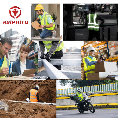Your Go To Hi Vis Reflective Safety Vest For Men And Women Plus Super Breathable Mesh Work Gear And Bright Yellow High Visibility Jacket that shows various workers in reflective vests on job sites.