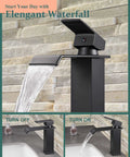 Matte Black Waterfall Bathroom Faucet For Single Hole Sinks With 304 Stainless Steel Construction, Metal Pop Up Drain