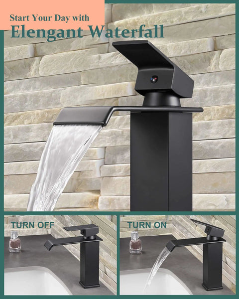 Matte Black Waterfall Bathroom Faucet For Single Hole Sinks With 304 Stainless Steel Construction, Metal Pop Up Drain