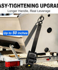 Bolt On Boat Ratchet Straps With Retractable Transom Tie Downs 2x50 Inches in use on a boat trailer, easy-tightening feature visible
