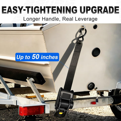 Bolt On Boat Ratchet Straps With Retractable Transom Tie Downs 2x50 Inches in use on a boat trailer, easy-tightening feature visible