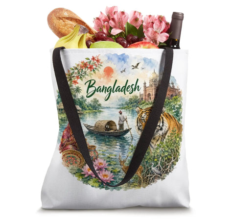 Bangladesh Adventure Tote Bag Featuring Dope Sundarbans Tiger Prints Smooth Lightweight Polyester Canvas For South Asia Travel And Dhaka Tours Authentic Cotton Heavy Duty Handles Top Tier Cruise Vacation Vibe with colorful design and flowers.