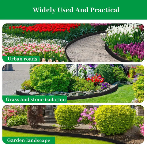 4 Inch UV-Resistant Landscape Edging Kit, 200 Ft Black Lawn Border Roll with 180 Spikes used in flower beds and pathways