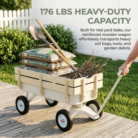 Steel Frame Wagon With 8 Inch All Terrain Air Tires And Wooden Side Panels loaded with gardening tools and soil bags