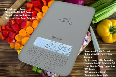Digital kitchen scale on counter with vegetables, features built-in nutrition calculator, backlit LCD, 11 lb capacity for meal prep.