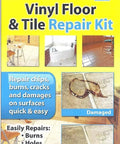 Vinyl Floor And Tile Repair Kit For Quick Fixes Of Chips Cracks Burns And Damages On Vinyl Linoleum And Tile Surfaces That Look Like New In About 30 Minutes Easy To Use And A Real Money Saver That Saves You Cash For Home Repairs shown in packaging with repair examples.