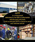 GSTP brand focused on R&D of aftermarket vehicle parts and tools, featuring factory exterior, machinery, workers, and warehouse storage.