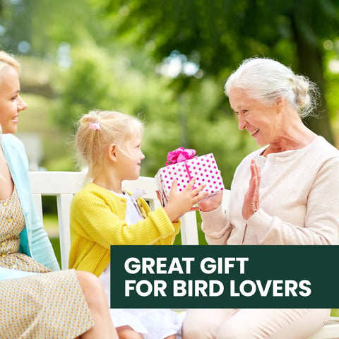 Child giving a polka dot gift to an elderly woman sitting on a bench outdoors, with "Great Gift for Bird Lovers" text.