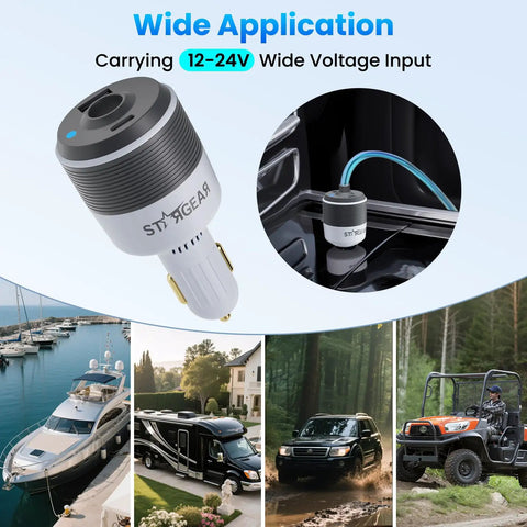 Starlink Mini Automotive Adapter With Three In One Build Featuring Dual Usb C Ports And Ten Foot Dc Power Cord Delivering Consistent Twenty Four Volts For Road Trip Vibes And Breezy Wifi Access Anywhere You Roll, showing vehicle and marine use.