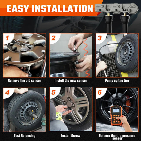 Easy installation steps for Drop In Ready 315Mhz Tire Pressure Sensors 4Pack for GM vehicles with detailed visuals.