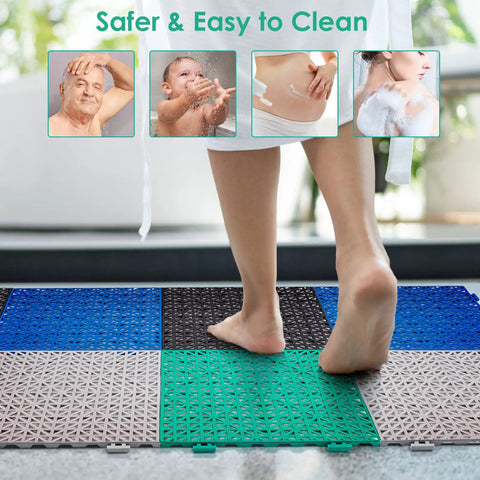 Person standing on Interlocking Cushion Anti Fatigue Floor Mats For Pool Deck Drain Patio Balcony Yard 12 Pack Heavy Duty 11.8 Inch Square Tiles With Non Slip Surface And Drainage Black.