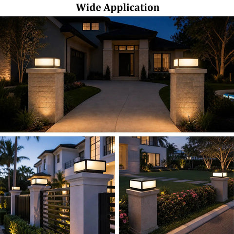 Hella Stylish Modern 15.75 Inch Flat Surface Pillar Lights For Outdoor Porch Deck Post with soft candle glow illuminating pathway