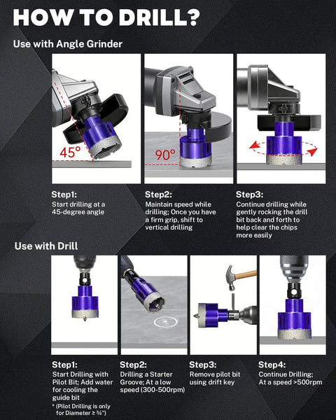 How to drill with 14 Pc Diamond Hole Saw Kit With Pilot Bit Adapter 1/4 Inch To 2 1/2 Inch Thickened Core Drill Bit Set.