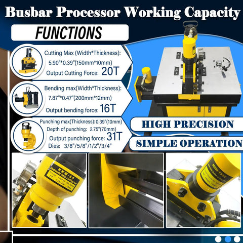 INTBUYING 3 In 1 Electric Hydraulic Busbar Processor Cutter Bender Hole Puncher Tool 20 Ton Force with detailed function specs.