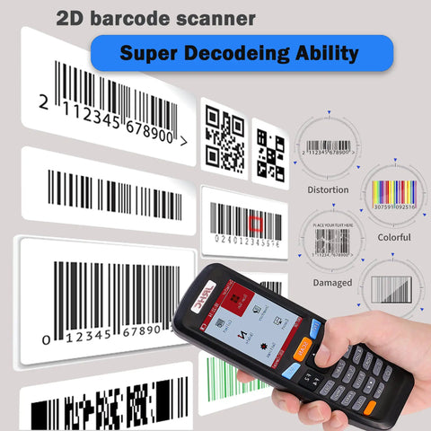 2D Wireless Barcode Scanner Portable Inventory Scanner And Data Collector 2.4G Barcode Reader With 2.8 Inch LCD Screen shown scanning barcodes