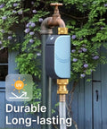 WiFi Water Timer For Garden Hose With Heavy Duty Brass Inlet And Flow Meter, installed outdoors on water spigot