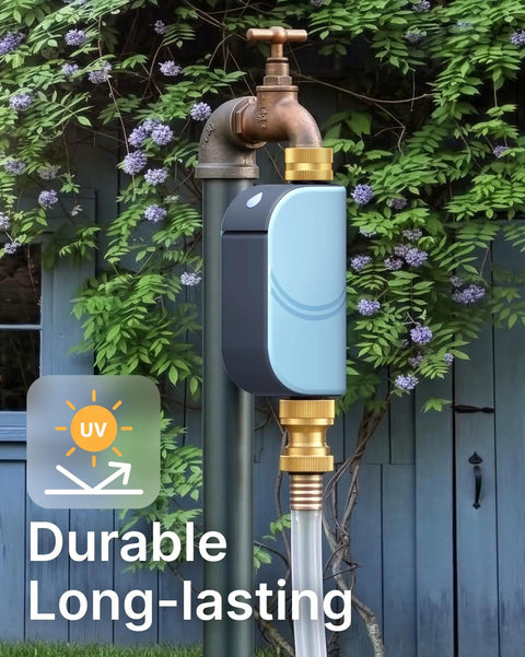 WiFi Water Timer For Garden Hose With Heavy Duty Brass Inlet And Flow Meter, installed outdoors on water spigot