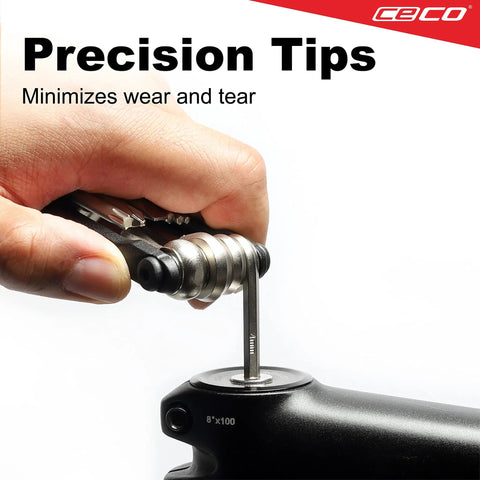Using Compact 10 Function Bike Tool Kit, Heavy Duty Bicycle Multi Tool on bike stem for precision adjustments.