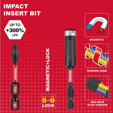 Front view of GEINXURN T25 Torx 2-in. impact bit set with magnetic holder on red packaging