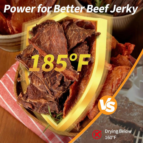 Beef jerky displayed in a bowl with a label highlighting 185°F, showcasing drying temperature for Top Shelf Eight Tray Stainless Steel Food Dehydrator With Kickin 500 Watt Electric Dryer And No Sweat Temp Dialing For Fresh Fruit Lean Beef Jerky Backyard Herbs And Pooch Treats Plus Round Clock Timer.