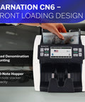 High Speed Cash Counter Machine For Mixed Denominations And Bills Up To 1500 Notes Per Minute With Advanced UV MG IR Sensor Technology Portable Currency Scanner And Dollar Sorter For Small Business Or Office Back Office Use showing front loading design.