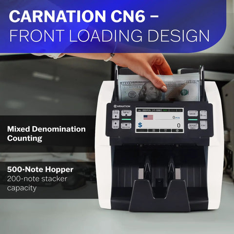 High Speed Cash Counter Machine For Mixed Denominations And Bills Up To 1500 Notes Per Minute With Advanced UV MG IR Sensor Technology Portable Currency Scanner And Dollar Sorter For Small Business Or Office Back Office Use showing front loading design.