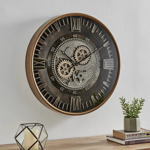 Killer Twenty Four Inch Oversized Wall Clock Featuring Real Moving Gears Heavily Distressed Antique Gold Dial Bold Roman Numerals on the wall.