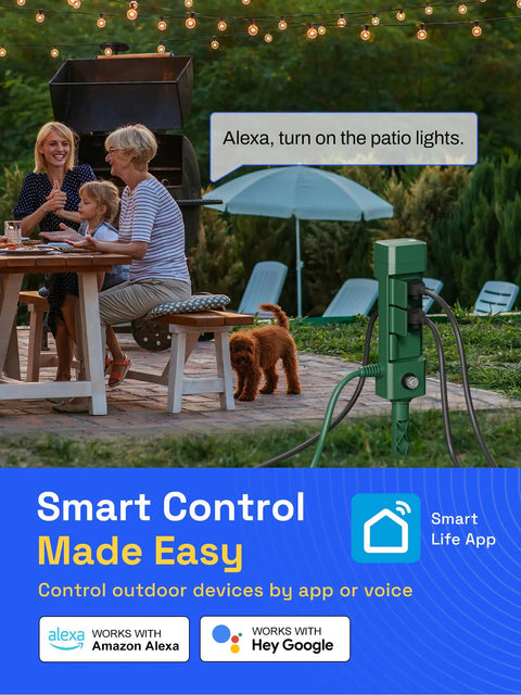 Top Notch Six Outlet Outdoor Smart Power Stake Timer with Wifi setup used for yard automation and voice control scheduling.