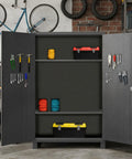 Heavy Duty 12 Gauge Steel Storage Cabinet With Pegboard Door And Adjustable Shelves, Built Different For Garage And Workshop Spaces in use with tools.
