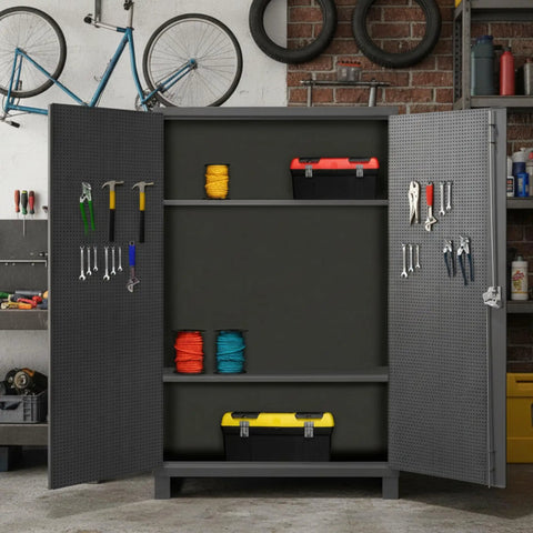 Heavy Duty 12 Gauge Steel Storage Cabinet With Pegboard Door And Adjustable Shelves, Built Different For Garage And Workshop Spaces in use with tools.