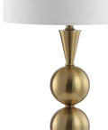 Brass Gold Stacked Orb LED Table Lamp 33 Inch Tall With White Linen Drum Shade close-up of orb and shade