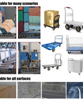Four Pack Heavy Duty Furniture Castor Wheels Six Eight Or Ten Inch Silent Rubber Caster With Killer Antislip Tread and Heavy Gauge Steel Base for Smooth As Silk Rolls shown in various workplace scenarios.