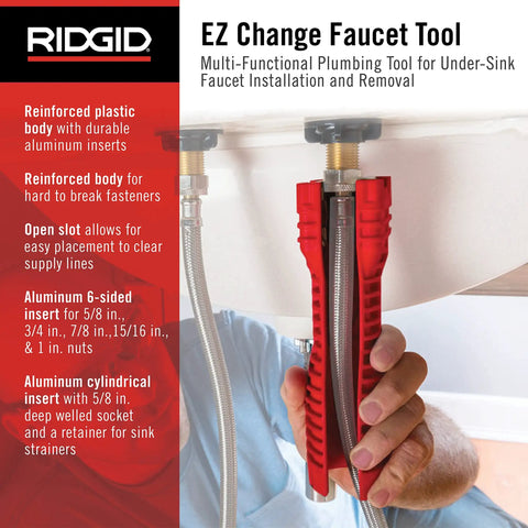 Hands using No Fuss Under Sink Faucet Install And Removal Wrench With 6 Sided Cube Insert For Five Eighths to One Inch Nuts