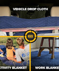 Heavy Duty Moving Blankets 72x80 4 Pack Blue Polyester Quilted Furniture Pads in use for vehicle, activity, and work space.