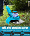 Close-up of high-tech brushless motor on cordless weed wacker with 23000 RPM on grass, highlighting 8-inch cutting diameter.