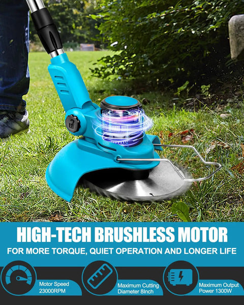Close-up of high-tech brushless motor on cordless weed wacker with 23000 RPM on grass, highlighting 8-inch cutting diameter.