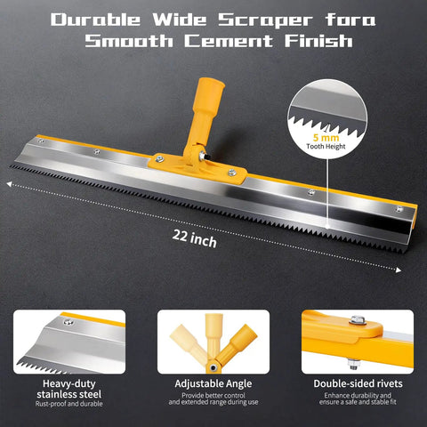 22-inch durable wide scraper part of 20 Inch Self Leveling Spiked Roller Kit With Telescopic Handle For Epoxy And Concrete Leveling.