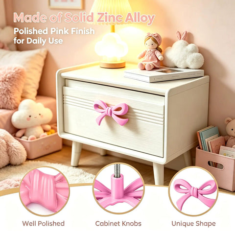 6 Pack Pink Bow Drawer Knobs Rock Solid Zinc Alloy Cabinet Hardware With Vintage Coquette Styling on dresser with pink finish.