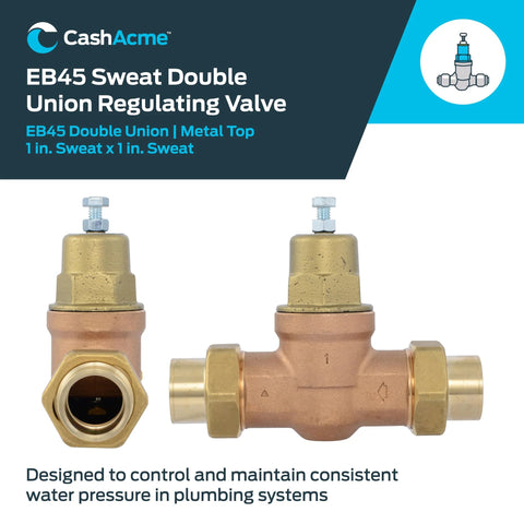 Cash Acme EB45 pressure regulating valve, double union, 1 in sweat fittings, brass body with metal top.