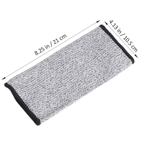Solid Cut Resistant Forearm Sleeves With A Grippy Nonslip Fit And Thick Reinforced Seaming Built To Dodge Splinters And Scratches On Rough Worksites Or Weekend Garden Projects Reliable Armor That Stays Locked In Wherever You Hustle, gray knit material with black edges, measuring 8.25 in x 4.13 in.