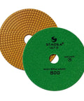 Pro Grade 7 Inch Diamond Polishing Pad Set showing green and yellow pads, grit 800 for marble concrete terrazzo granite floors wet dry