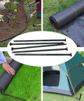 Heavy Duty 50 Pack 10 Inch Landscape Anchoring Spikes For Pavers Weed Barriers Turf House Construction And Carpentry Nails DIY Friendly Stakes For Tents And Yard Projects shown in use with gardens, tent, and artificial turf.