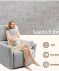 Power Swivel Rocker Recliner Glider Chair For Adults With USB Type C Ports Large Suede Gray Electric Reclining Chair with woman hugging pillows