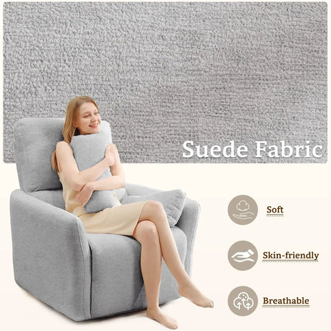 Power Swivel Rocker Recliner Glider Chair For Adults With USB Type C Ports Large Suede Gray Electric Reclining Chair with woman hugging pillows