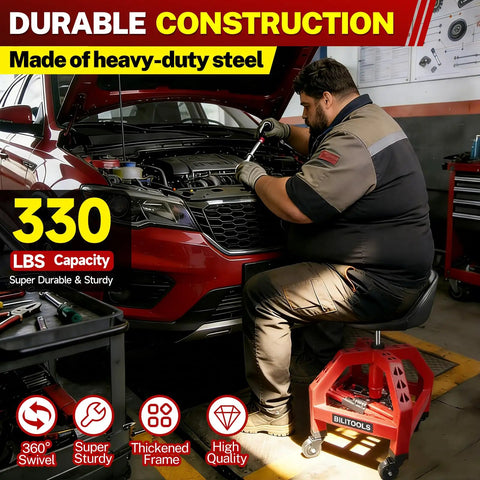Mechanic on adjustable rolling shop stool with 360 degree swivel padded seat and backrest, using tools on red car in garage.