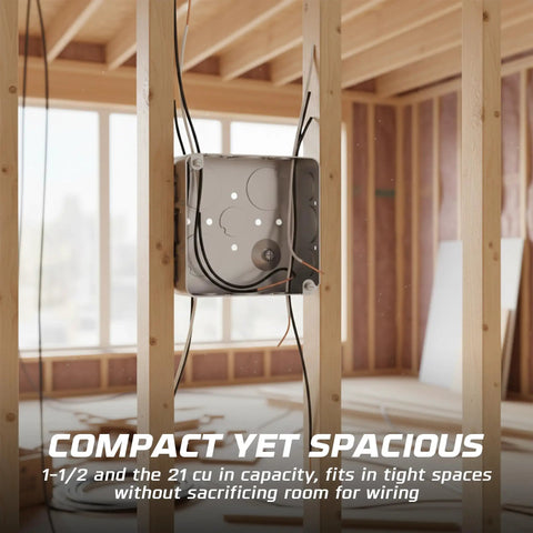 Beefed Up Four Inch Galvanized Steel Electrical Junction Box in use, showing wiring connections in a wooden frame structure.
