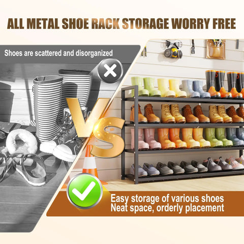 Comparative image showcasing Heavy Duty Metal Shoe Shelf For Up To 30 Pairs with organized footwear storage and disorganized shoes.
