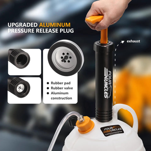 Grip Tight 6 Liter Manual Oil Extractor Pump For Swift Engine Oil Changes Via Dipstick Tube showing upgraded aluminum pressure release plug.